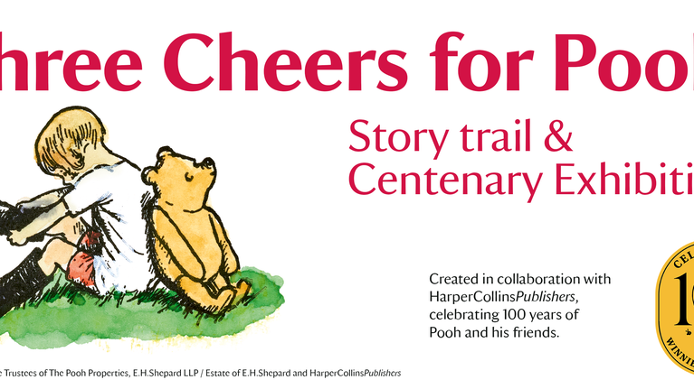 An illustration showing Winnie-the-Pooh and Christopher Robin and the text Three Cheers for Pooh